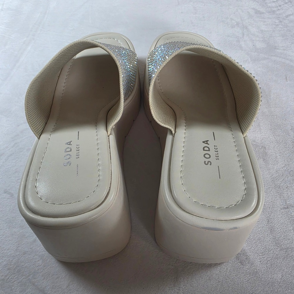 Soda Select Womens Rhinestone Embellished Platform Wedge Slide Sandals Beige 7.5 - Picture 8 of 9